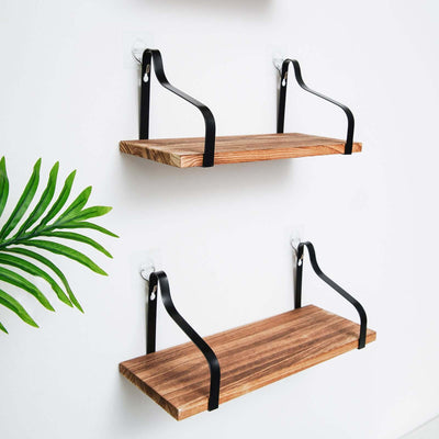 Wooden wall shelves with black metal brackets and a green plant