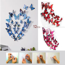 A set of 12 different colored 3D PVC plastic butterflies on a wall with large floral décor, table scatters, and wall decals