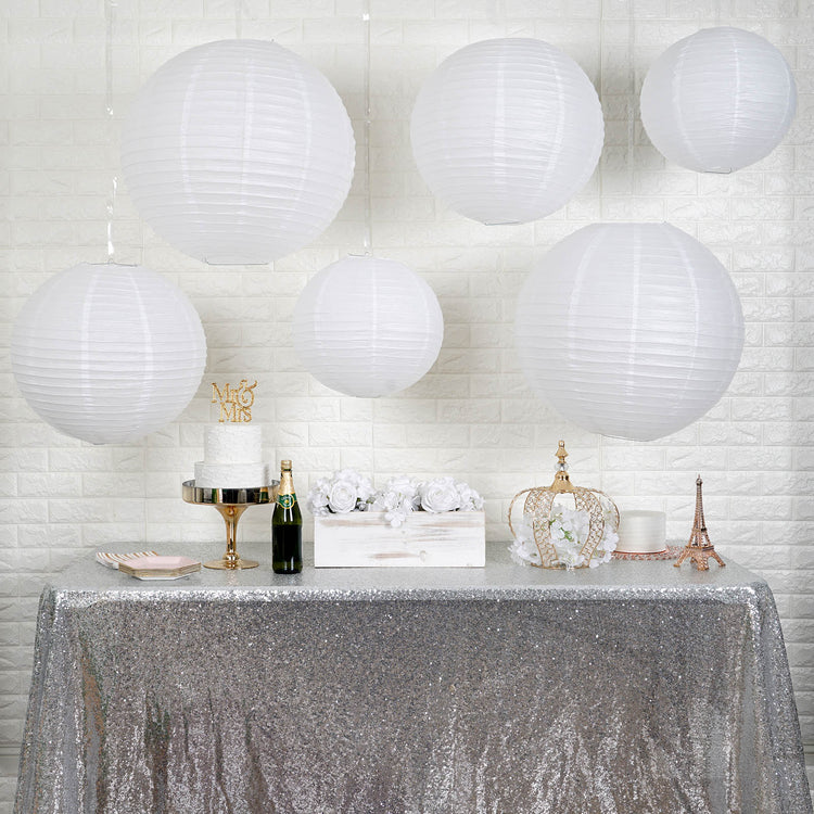 Set of 6 - White Hanging Paper Lanterns Round Assorted Size