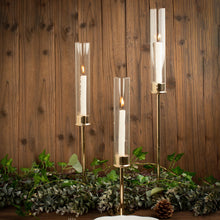 Set Of Tall Gold Metal Taper Candle Holders With Clear Glass Hurricane Shades In 3 Sizes