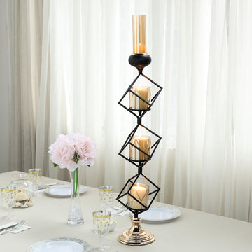 3-Tier Stacked Black Geometric Candle Holder with Amber Glass Votives & Gold Trim 28" Tall