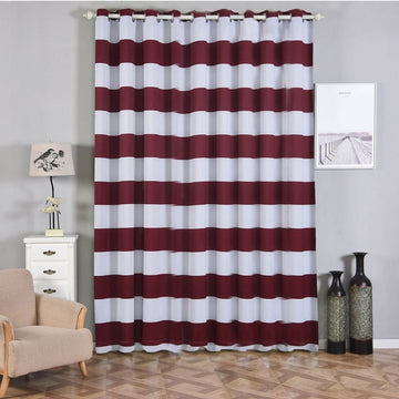 2 Pack White/Burgundy Cabana Stripe Thermal Blackout Window Curtain Grommet Panels, Noise Cancelling Curtains 52"x108"