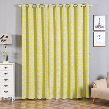 2 Pack White/Yellow Lattice Room Darkening Blackout Curtain Panels With Grommet, Trellis Insulated Curtains 52"x96"